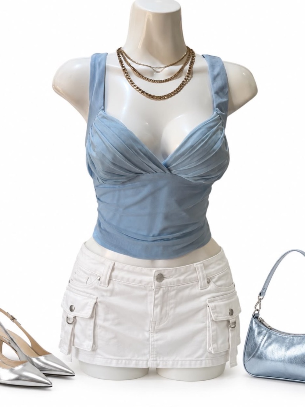 Princess Polly Baby Blue Ruched Mesh Open Back Top Size 8